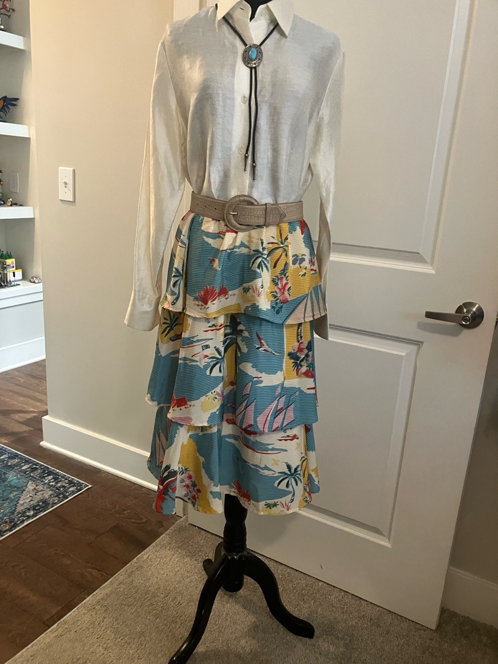Tiered Tropical-Print Maxi Skirt/Mini Dress in Teal and Yellow